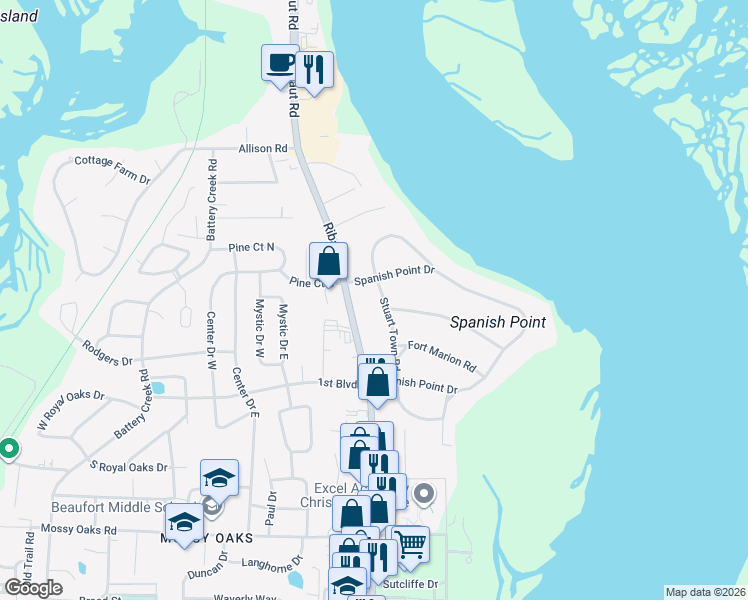 map of restaurants, bars, coffee shops, grocery stores, and more near 103 Stuart Town Road in Beaufort