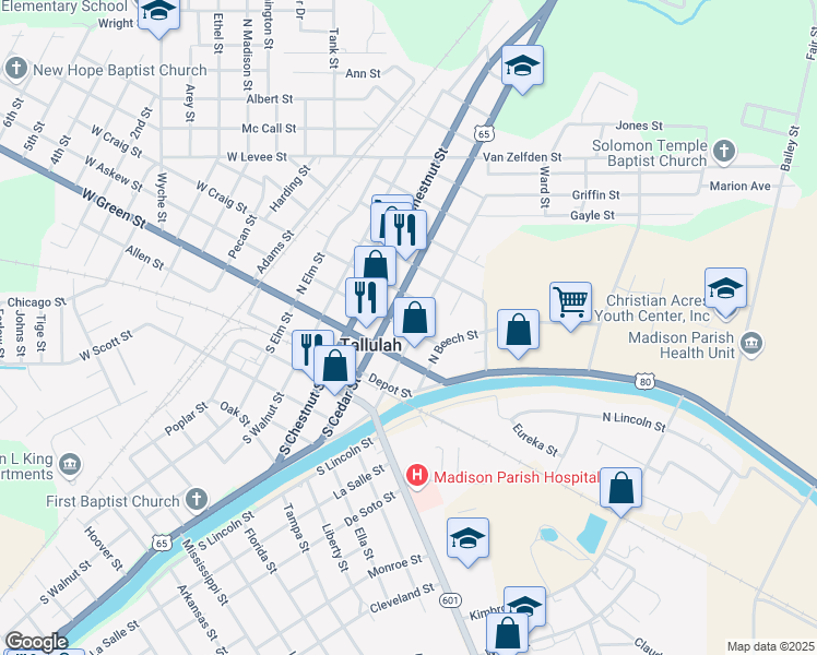 map of restaurants, bars, coffee shops, grocery stores, and more near 307 North Mulberry Street in Tallulah