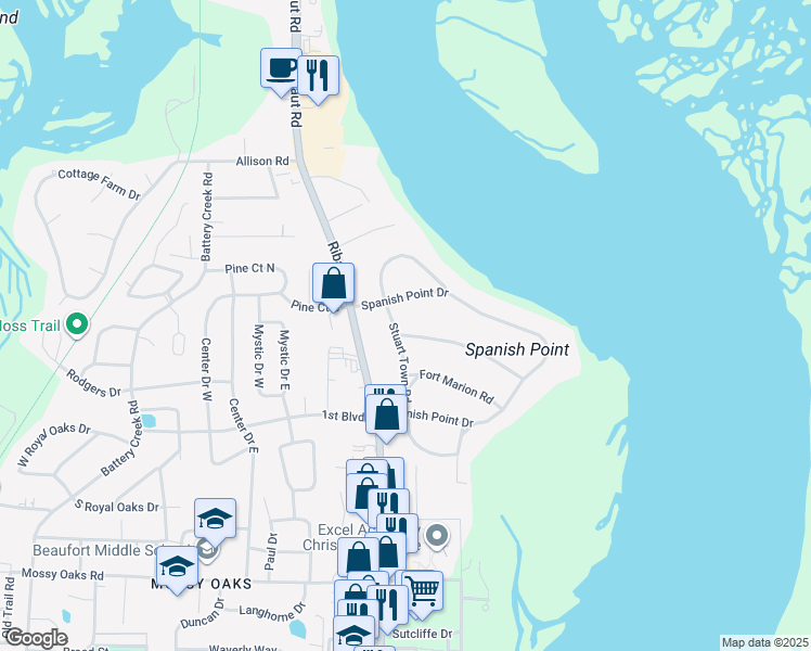 map of restaurants, bars, coffee shops, grocery stores, and more near 104 Fort Lyttleton Road in Beaufort