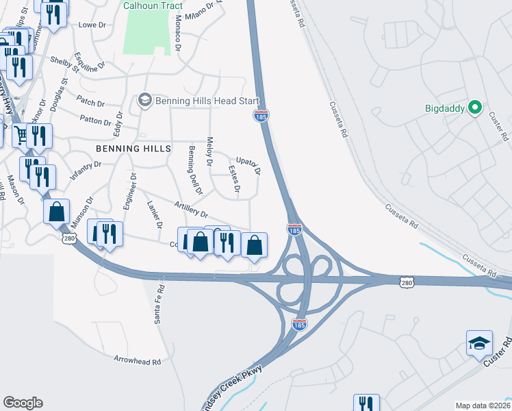 map of restaurants, bars, coffee shops, grocery stores, and more near 262 Robert E Lee Drive in Columbus