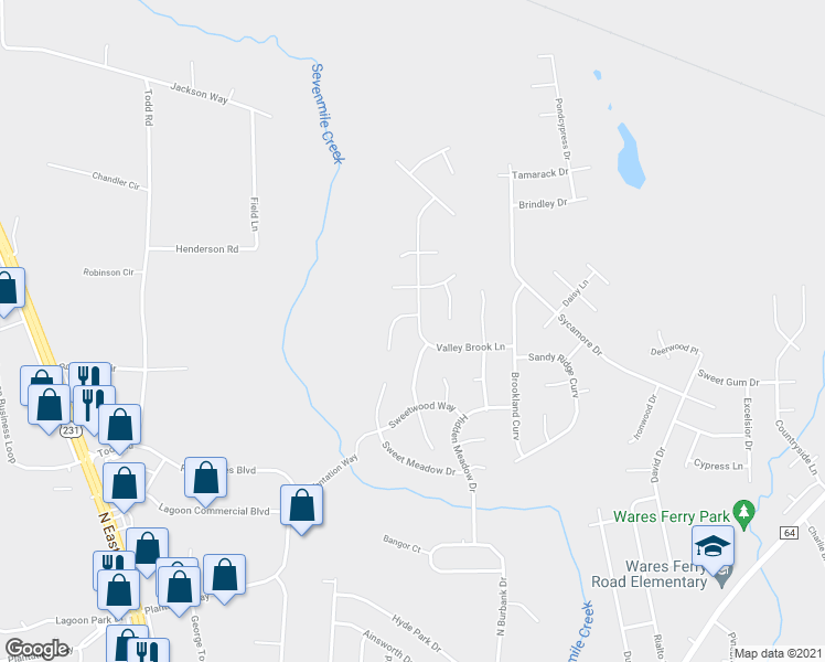 map of restaurants, bars, coffee shops, grocery stores, and more near 5742 Valley Brook Lane in Montgomery