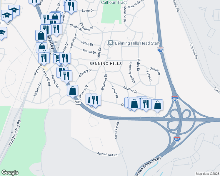 map of restaurants, bars, coffee shops, grocery stores, and more near 61 Lanier Drive in Columbus