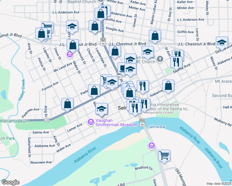 map of restaurants, bars, coffee shops, grocery stores, and more near 210 Lauderdale Street in Selma
