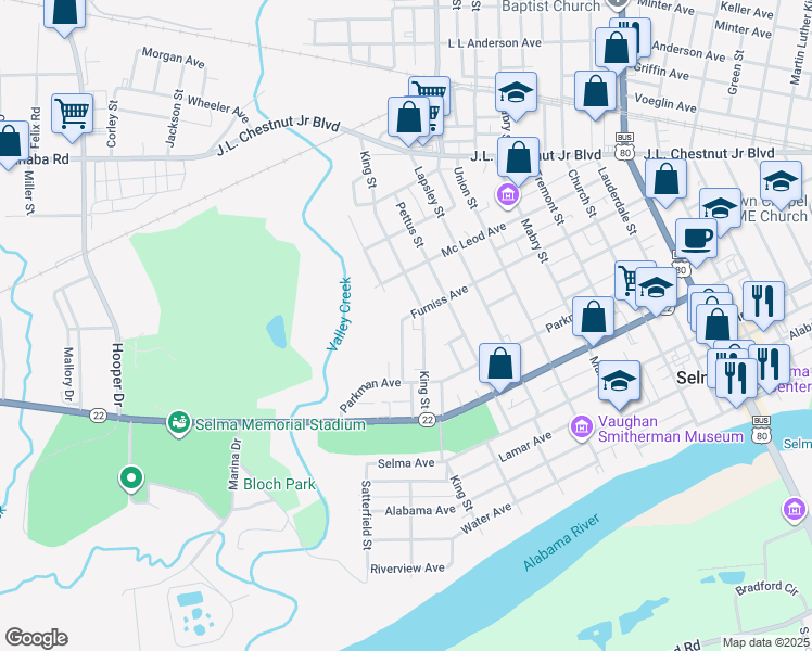 map of restaurants, bars, coffee shops, grocery stores, and more near 429 Young Street in Selma
