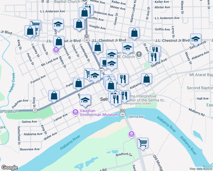 map of restaurants, bars, coffee shops, grocery stores, and more near 207 Broad Street in Selma