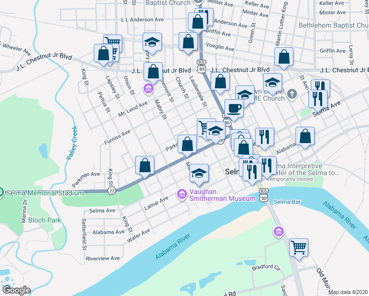 map of restaurants, bars, coffee shops, grocery stores, and more near 320 Mabry St in Selma