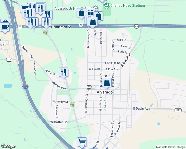 map of restaurants, bars, coffee shops, grocery stores, and more near 200 West Purdom in Alvarado