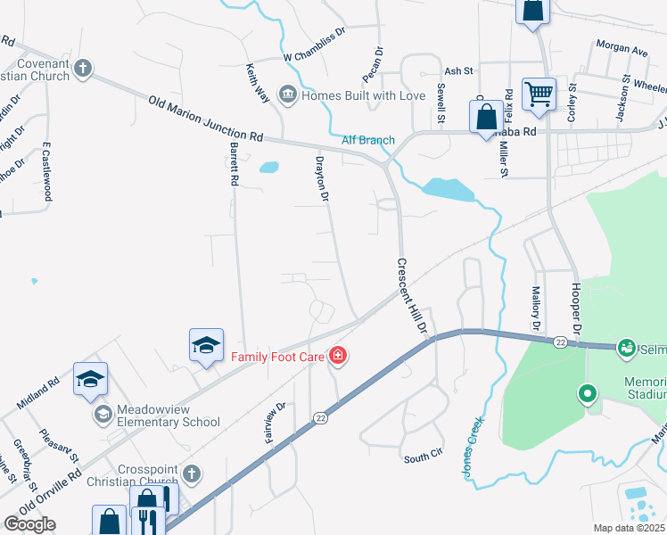 map of restaurants, bars, coffee shops, grocery stores, and more near 397 Drayton Drive in Selma