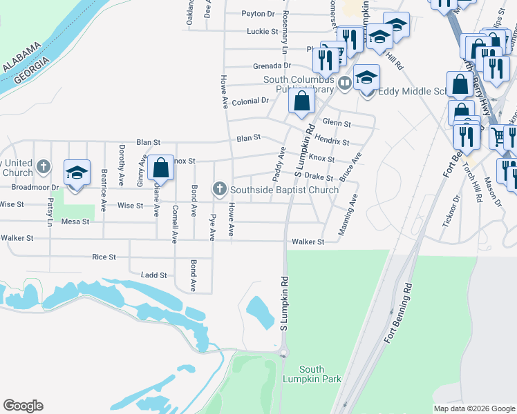 map of restaurants, bars, coffee shops, grocery stores, and more near 3040 Wise Street in Columbus