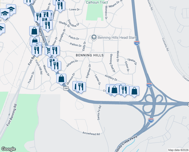 map of restaurants, bars, coffee shops, grocery stores, and more near 61 Lanier Drive in Columbus