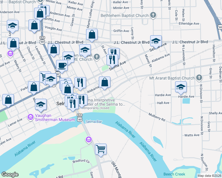 map of restaurants, bars, coffee shops, grocery stores, and more near 1706-1708 Water Avenue in Selma