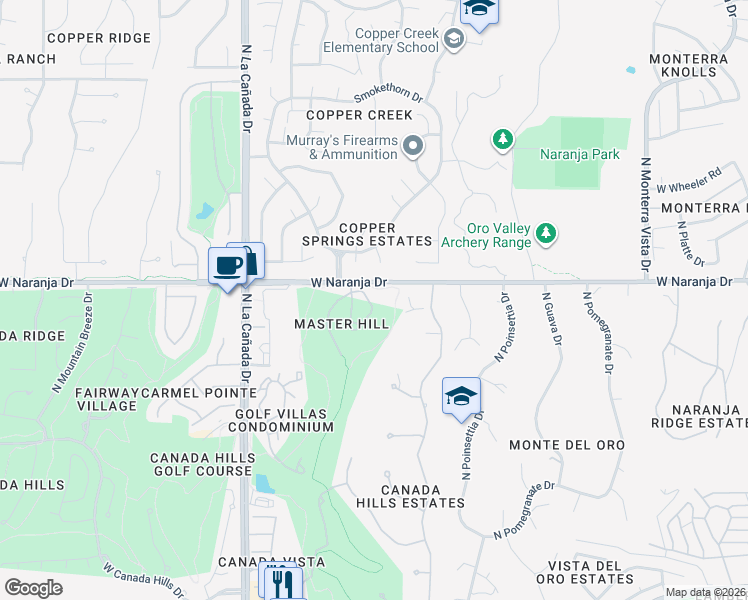 map of restaurants, bars, coffee shops, grocery stores, and more near 1190 West Masters Circle in Tucson