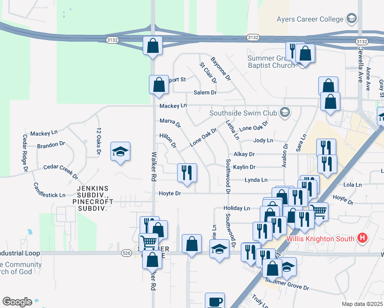 map of restaurants, bars, coffee shops, grocery stores, and more near 9010 Marva Drive in Shreveport