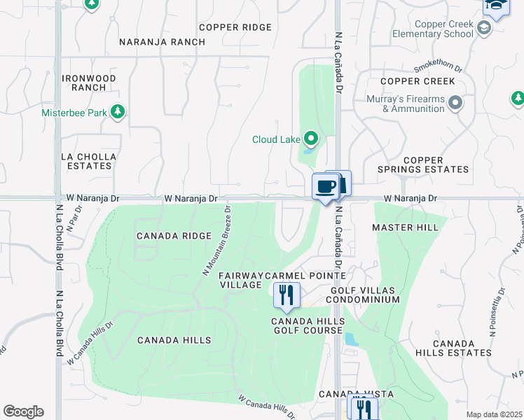 map of restaurants, bars, coffee shops, grocery stores, and more near 11160 North Broadstone Drive in Tucson