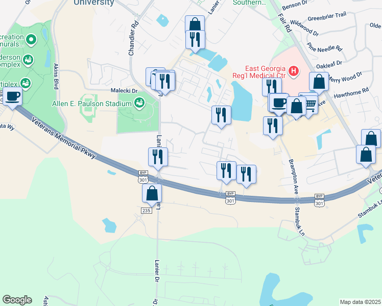 map of restaurants, bars, coffee shops, grocery stores, and more near 824 Robin Hood Trail in Statesboro