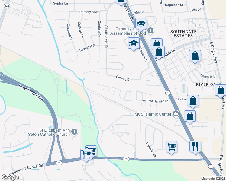 map of restaurants, bars, coffee shops, grocery stores, and more near 9008 Pink Pearl Court in Shreveport