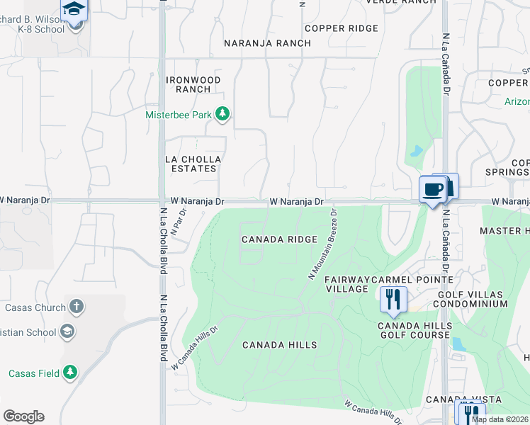 map of restaurants, bars, coffee shops, grocery stores, and more near 11150 North Canada Ridge Drive in Tucson