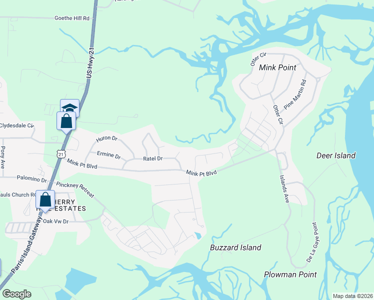 map of restaurants, bars, coffee shops, grocery stores, and more near 3035 Badger Bend in Beaufort