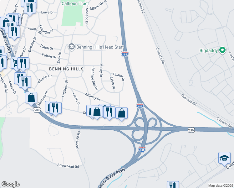 map of restaurants, bars, coffee shops, grocery stores, and more near 9 Meloy Drive in Columbus