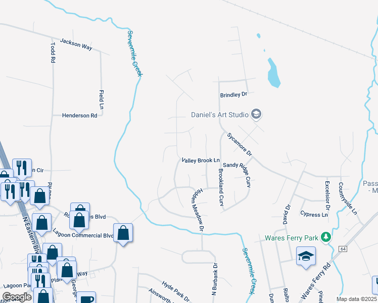 map of restaurants, bars, coffee shops, grocery stores, and more near 1301 Karen Valley Place in Montgomery
