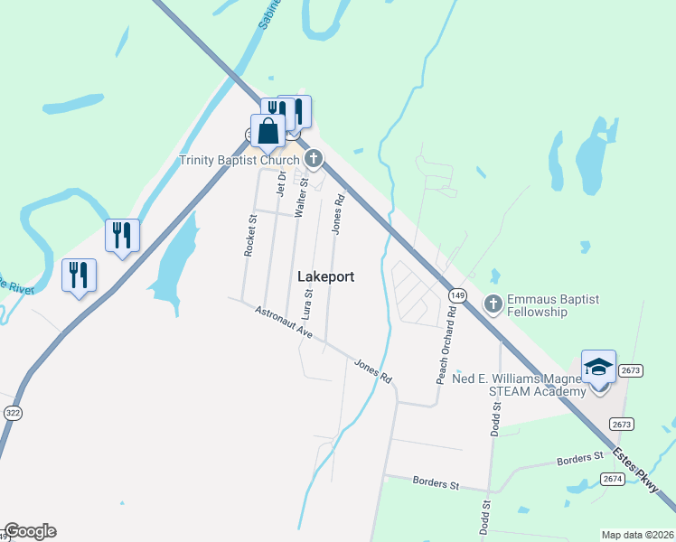 map of restaurants, bars, coffee shops, grocery stores, and more near 127 Jones Road in Longview
