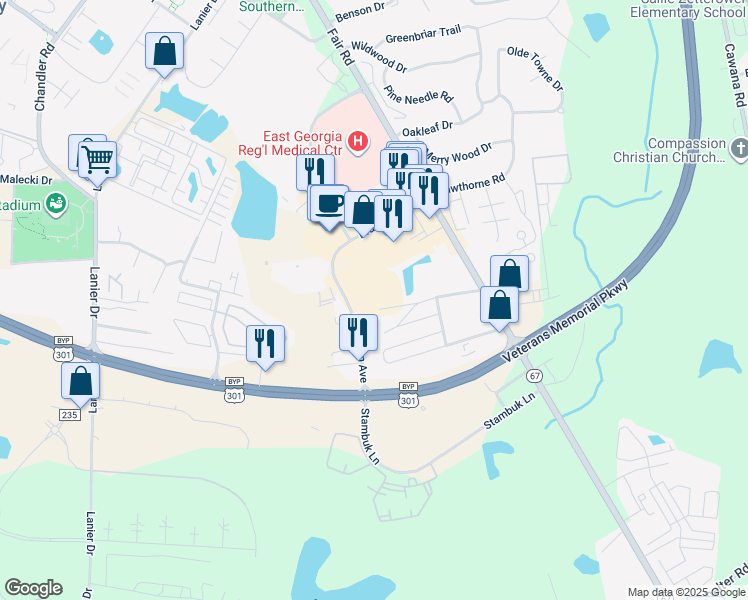 map of restaurants, bars, coffee shops, grocery stores, and more near 1211D Merchant Way in Statesboro