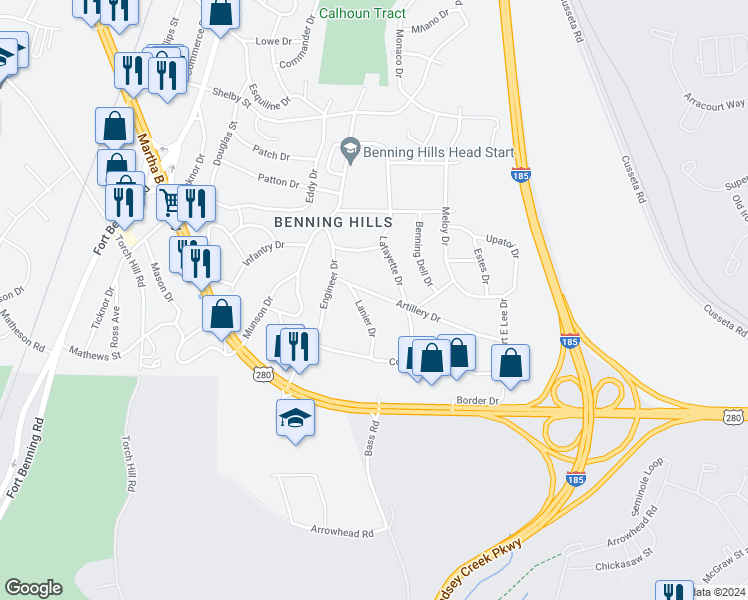 map of restaurants, bars, coffee shops, grocery stores, and more near 49 Artillery Drive in Columbus