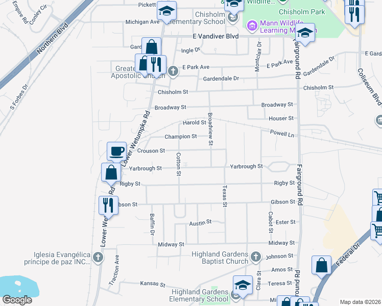 map of restaurants, bars, coffee shops, grocery stores, and more near 1722 Crouson Street in Montgomery