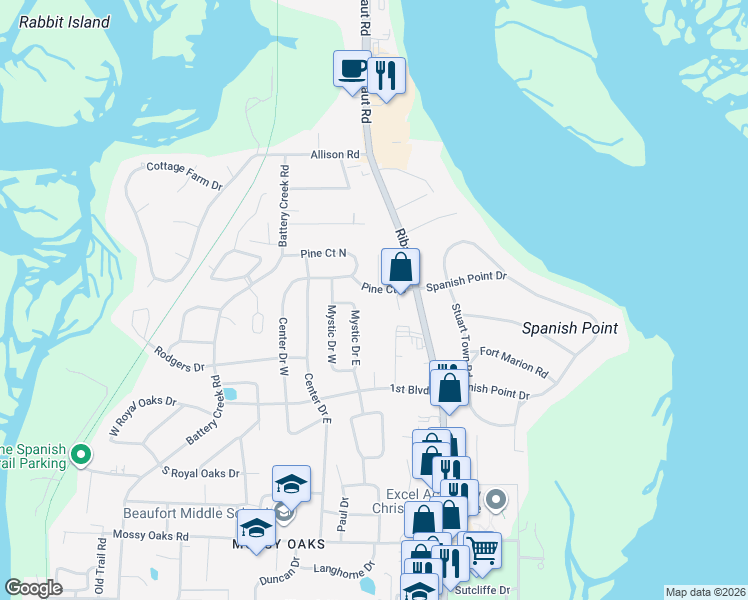 map of restaurants, bars, coffee shops, grocery stores, and more near 2310 Pine Court in Beaufort