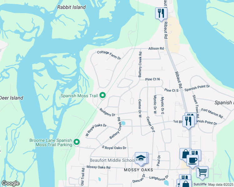 map of restaurants, bars, coffee shops, grocery stores, and more near 2603 State Road S-7-432 in Beaufort