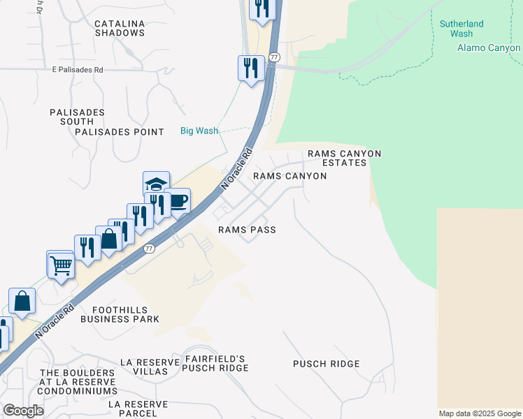 map of restaurants, bars, coffee shops, grocery stores, and more near 2337 East Skipping Rock Way in Oro Valley