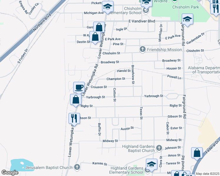 map of restaurants, bars, coffee shops, grocery stores, and more near 1660 Crouson Street in Montgomery