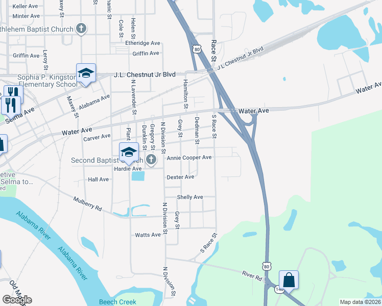 map of restaurants, bars, coffee shops, grocery stores, and more near 3117 Annie Cooper Avenue in Selma