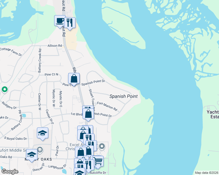 map of restaurants, bars, coffee shops, grocery stores, and more near 114 Fort Lyttleton Road in Beaufort
