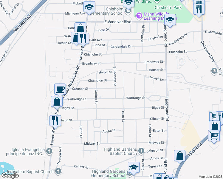 map of restaurants, bars, coffee shops, grocery stores, and more near 1740 Crouson Street in Montgomery