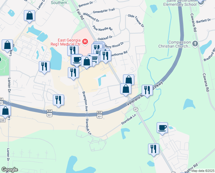 map of restaurants, bars, coffee shops, grocery stores, and more near 99 Grady Johnson Road in Statesboro