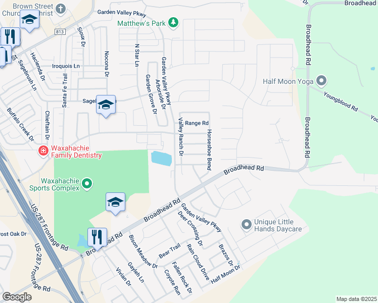 map of restaurants, bars, coffee shops, grocery stores, and more near 200 Longhorn Drive in Waxahachie