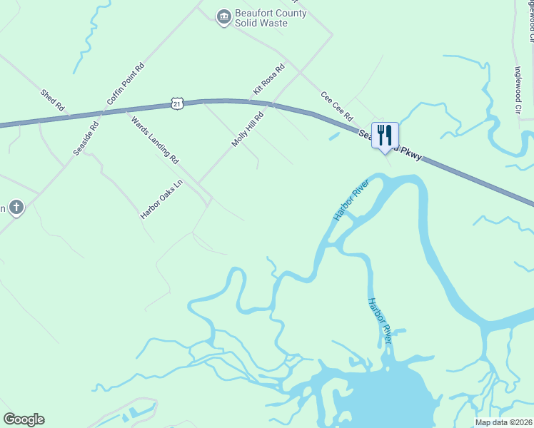 map of restaurants, bars, coffee shops, grocery stores, and more near 89 Wards Landing Road in Saint Helena Island