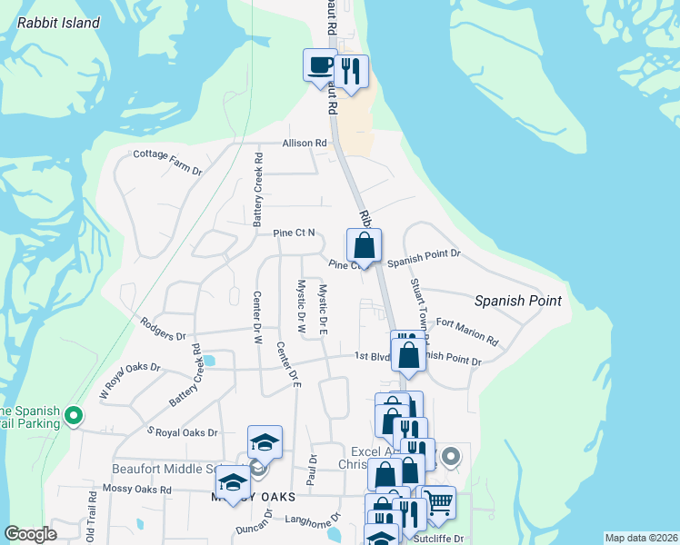 map of restaurants, bars, coffee shops, grocery stores, and more near 2310 Pine Court in Beaufort