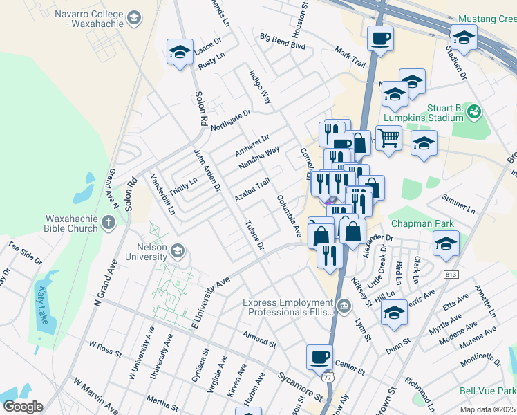 map of restaurants, bars, coffee shops, grocery stores, and more near 706 Queens Drive in Waxahachie