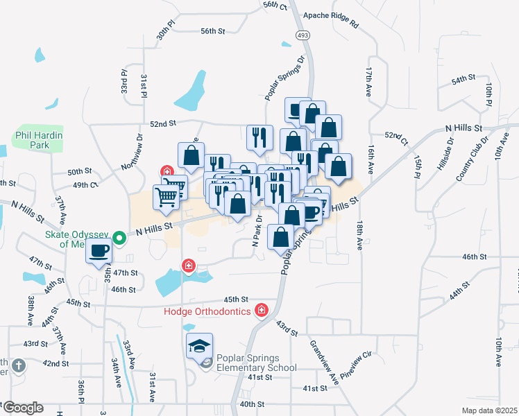 map of restaurants, bars, coffee shops, grocery stores, and more near N Hills St & N Park Dr in Meridian