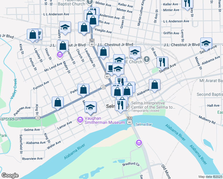 map of restaurants, bars, coffee shops, grocery stores, and more near 207 Broad St in Selma