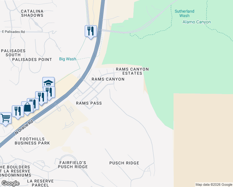 map of restaurants, bars, coffee shops, grocery stores, and more near 11215 North Flat Granite Drive in Tucson