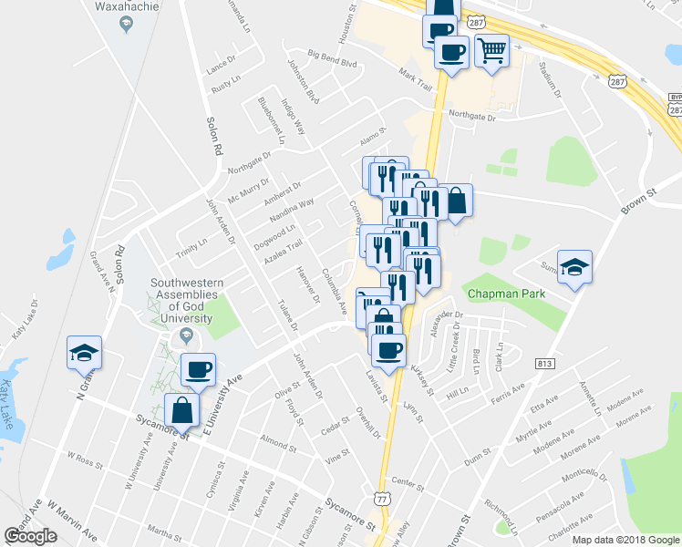 map of restaurants, bars, coffee shops, grocery stores, and more near 804 Purdue Drive in Waxahachie