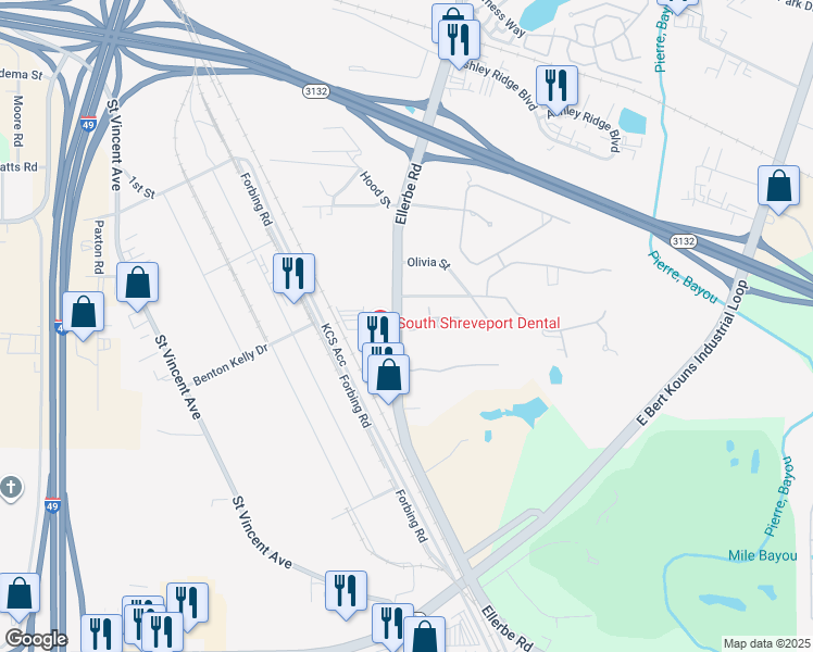 map of restaurants, bars, coffee shops, grocery stores, and more near 9255 Ellerbe Road in Shreveport