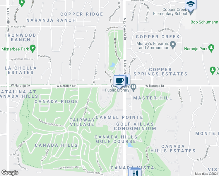 map of restaurants, bars, coffee shops, grocery stores, and more near 1486 West Sand Pebble Drive in Tucson