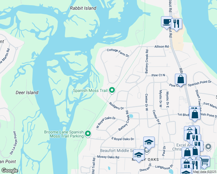 map of restaurants, bars, coffee shops, grocery stores, and more near 2601 Dover Lane in Beaufort