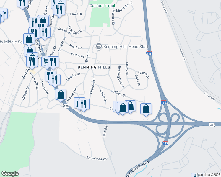 map of restaurants, bars, coffee shops, grocery stores, and more near 40 Artillery Drive in Columbus