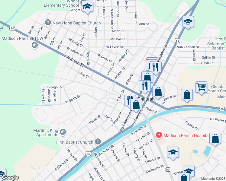 map of restaurants, bars, coffee shops, grocery stores, and more near 200 Depot Street in Tallulah
