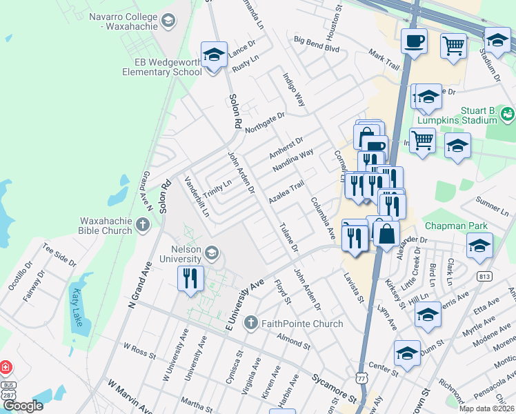 map of restaurants, bars, coffee shops, grocery stores, and more near 104 Vassar Court in Waxahachie
